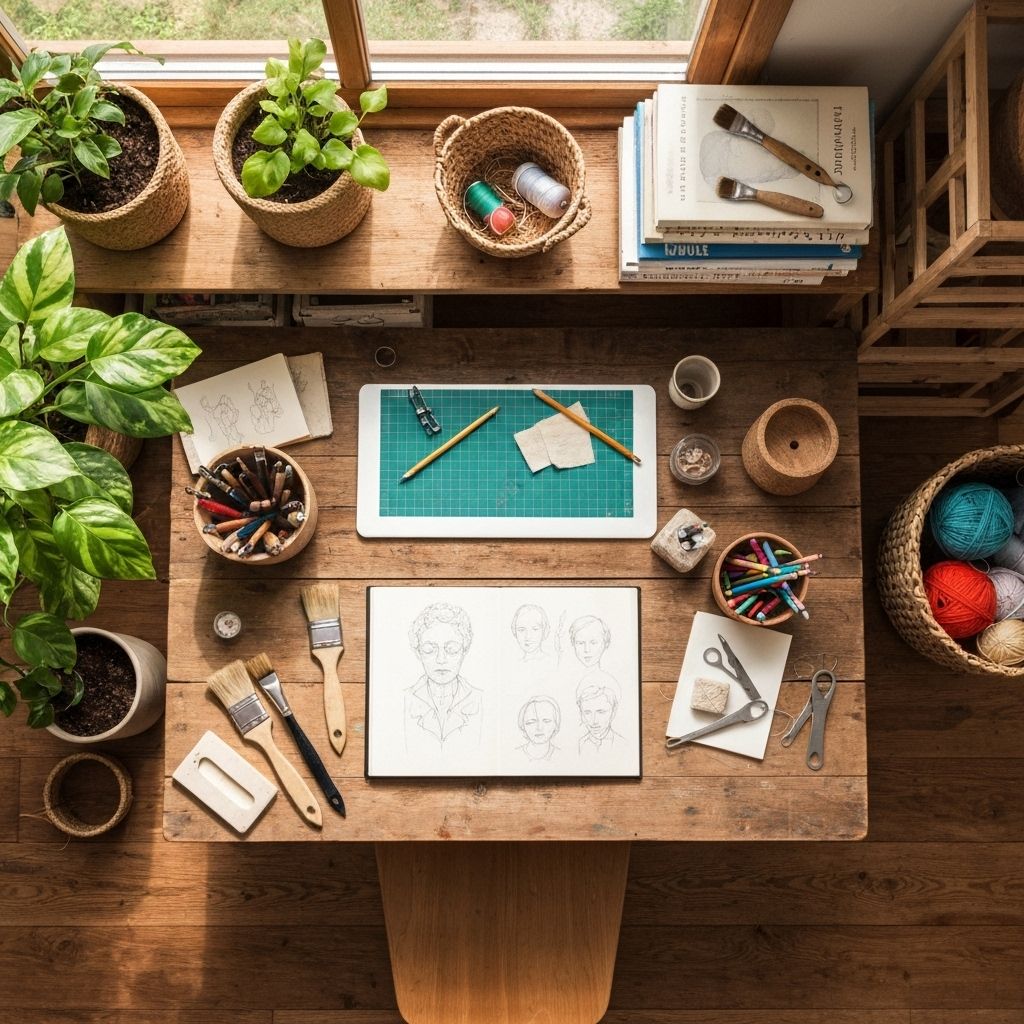 A creative workspace with tools and natural textures