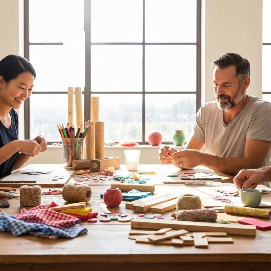 People crafting with a monthly DIY kit at a bright wooden table