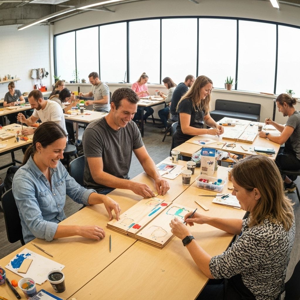 Team building workshop with people crafting together